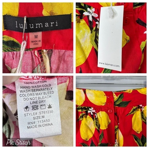 Lulumari Tie Belted Red Lemon Print Button Front Mini Skirt Women's Sz M Pockets - Picture 5 of 12